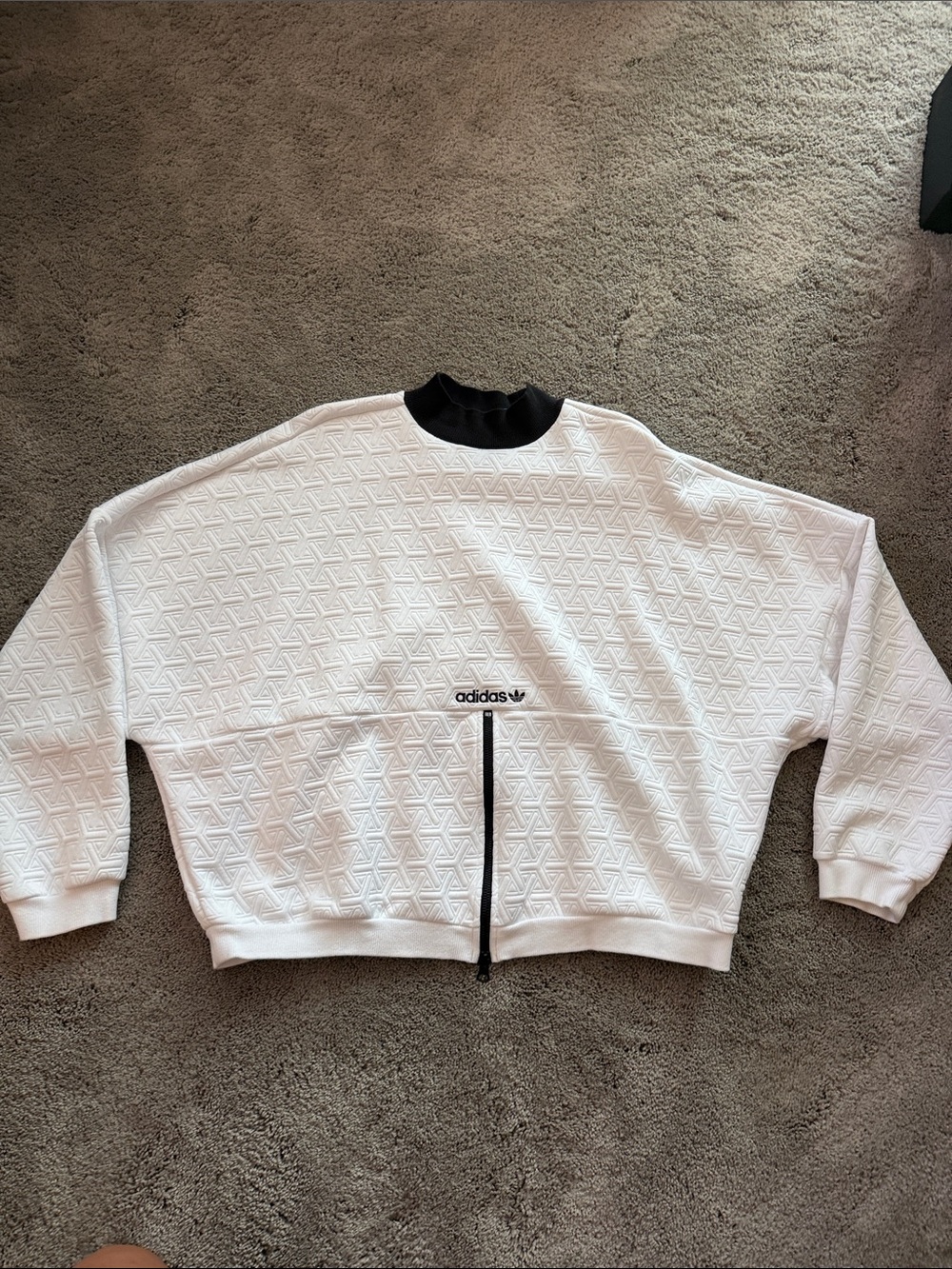 adidas originals Women's White Textured Crewneck Sweater with Black Neck and Zip